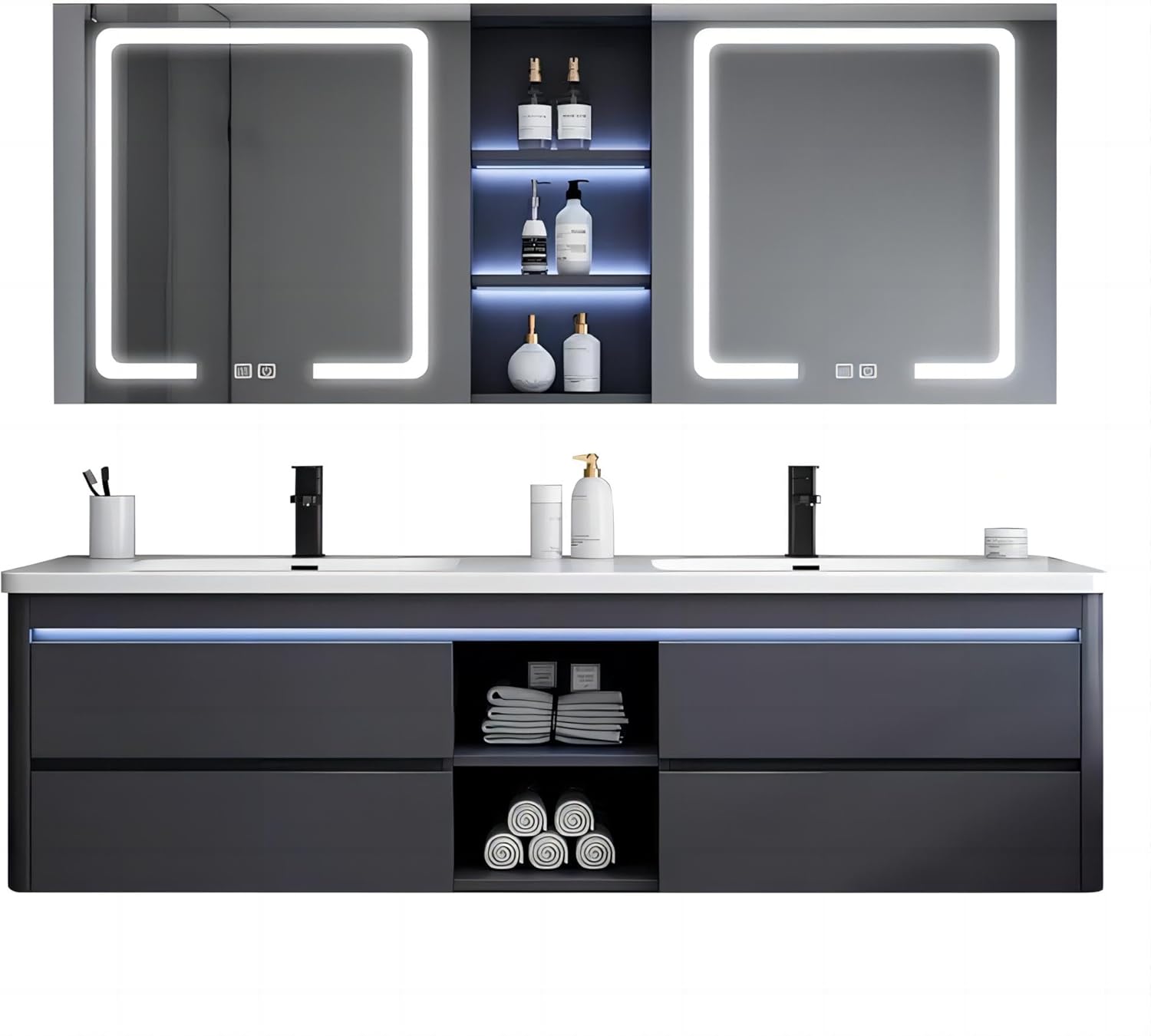 55IN Double Sink Vanity, 4 Drawers, Two LED Smart Touch Mirror Cabinets, Open Center Compartment, Body Sensor Lights, Wall Mounted Storage Vanity (55IN) Steel-Gray