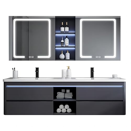 55IN Double Sink Vanity, 4 Drawers, Two LED Smart Touch