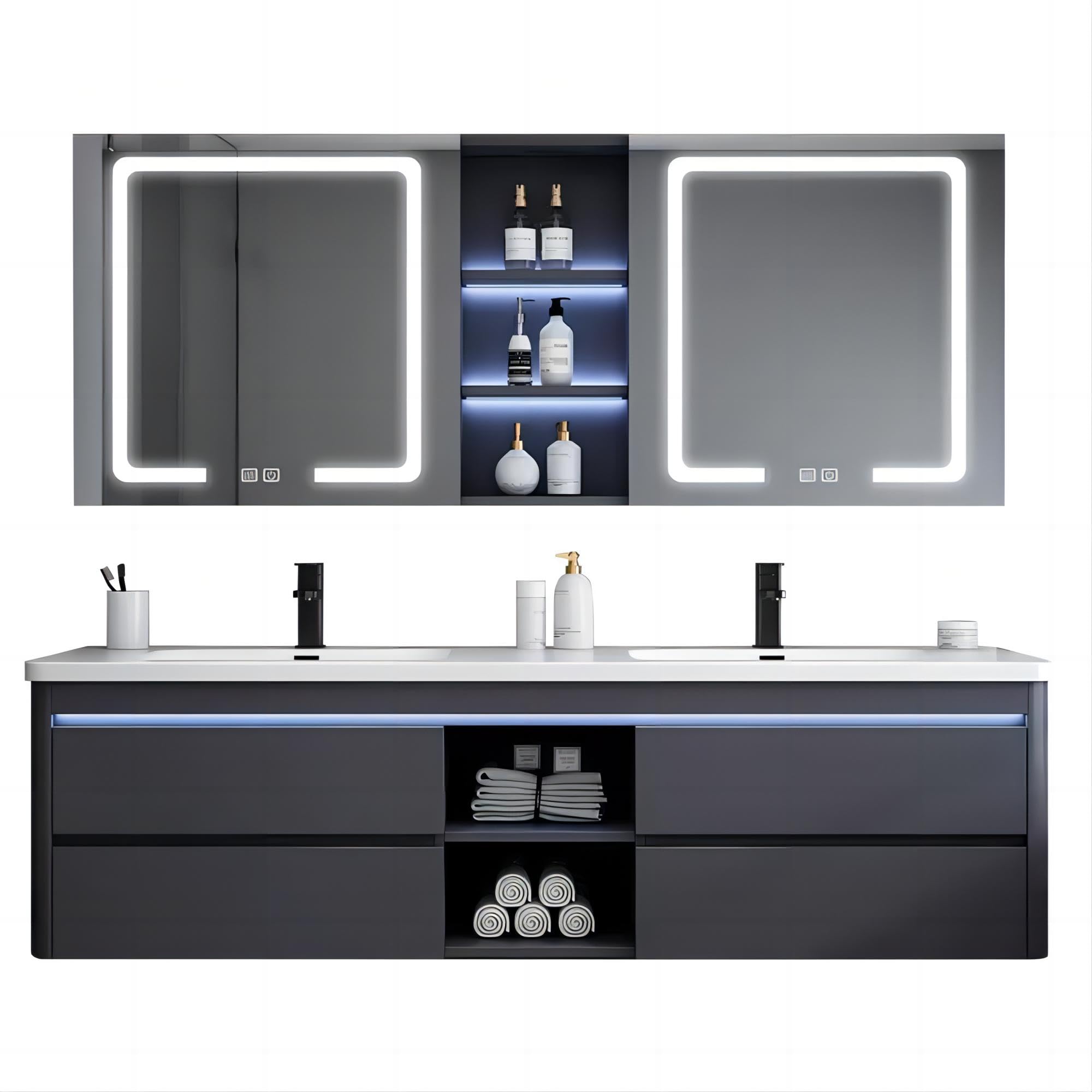 JKFCCGHL 55IN Double Sink Vanity, 4 Drawers, Two LED Smart Touch Mirror Cabinets, Open Center Compartment, Body Sensor Lights, Wall Mounted Storage