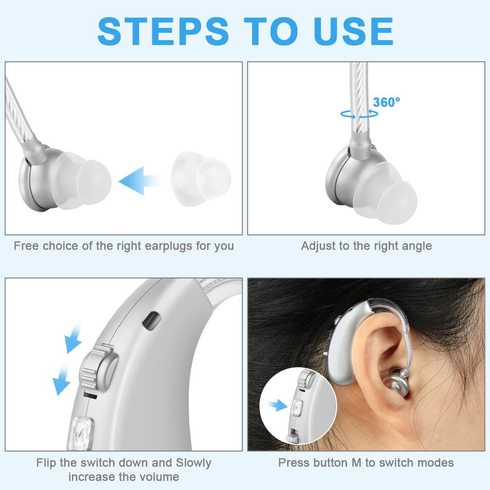 Aolso Amplificador de Ruido, Amplificador de Sonido Recargable, Cancelación de Ruido, Retroauricular, Uso Sencillo, Ajuste Ergonómico, Plata(1 par)