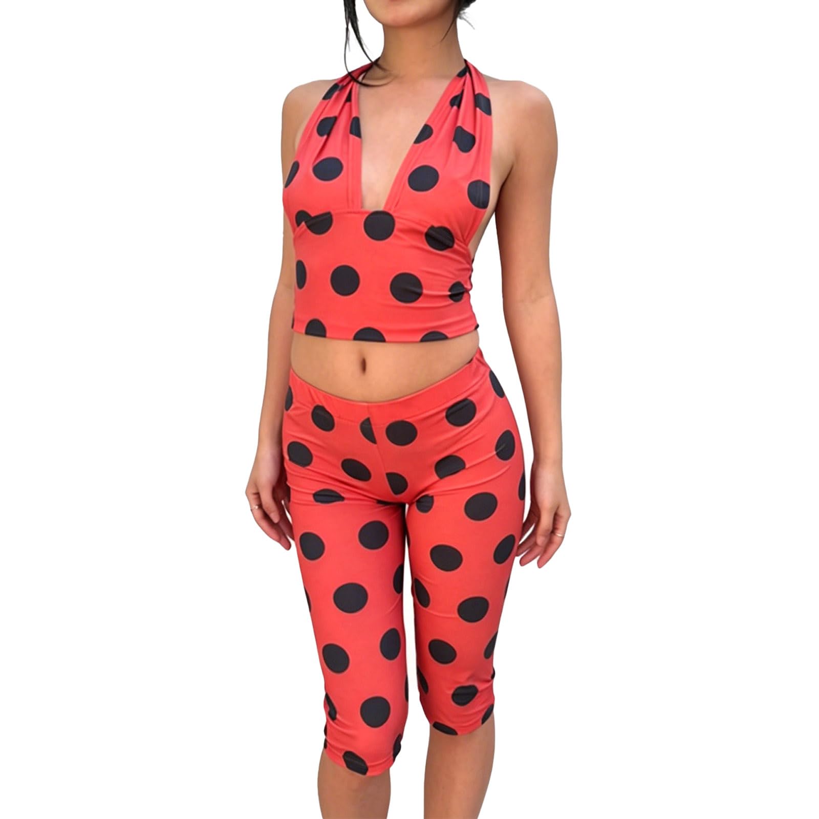Sexy outfit Damskie legginsy capri w kropki, wiązane na szyi, 2-częściowy zestaw strojów biedronki