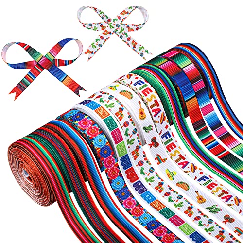 12 Rolls Fiesta Ribbon 3/8 Inch Mexican Serape Grosgrain Ribbons Colorful Stripes Pinata Cactus Guitar Decorative Ribbon for Cinco De Mayo Fiesta Party Mexican Theme Party Events, 60 Yards