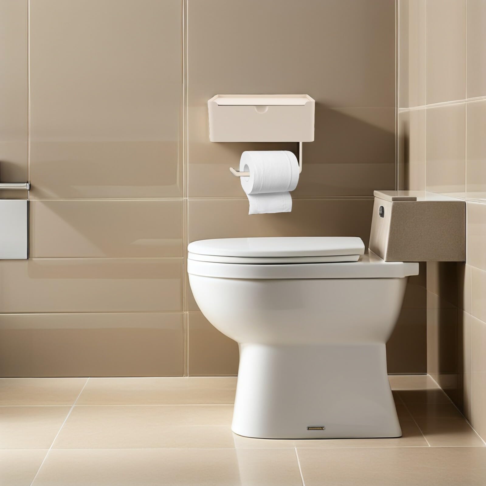Toilettenpapierhalter ohne Bohren mit Abdeckung Wasserdichter Wandhalter für Badezimmer mit Integriertem Müllbeutelspender Selbstklebend Einfache Montage Cremeweiß