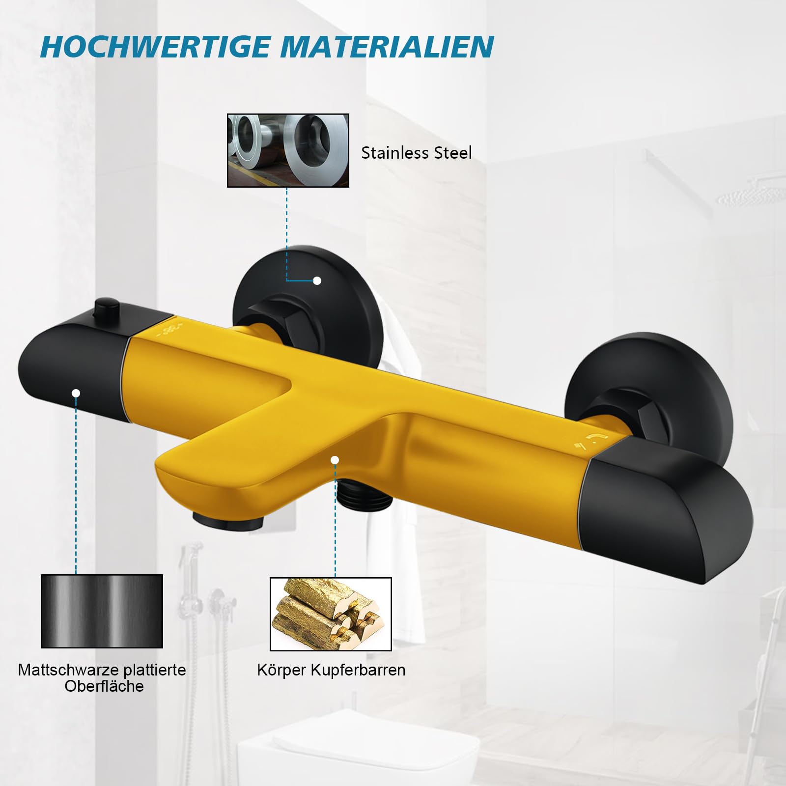 YAHUIHOME Black Thermostatic Bath Shower Mixer Tap, Bath Mixer Taps Bar with Bath Filler Spout - Image 4