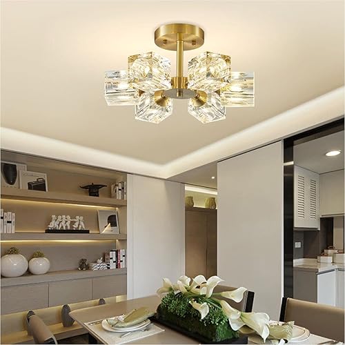 Miniatura 7 de BOKT Lámpara Sputnik moderna de latón antiguo de montaje empotrado de oro cepillado de mediados de siglo, lámpara de techo semiempotrada de 6 luces