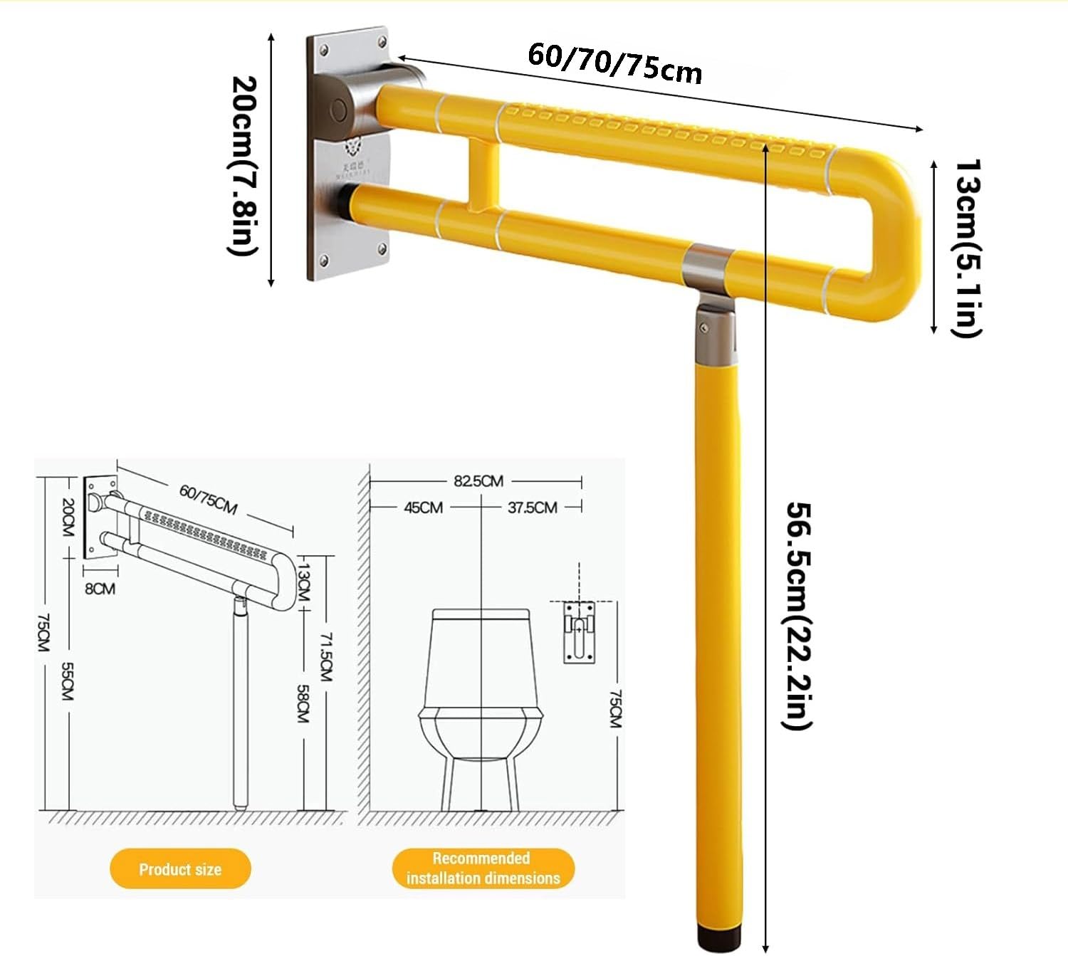 Asa De Seguridad para Baño,Barra De Apoyo para Inodoro,Barra Abatible Inoxidable Adaptado A Personas Mayores Y con Minusvalías Agarraderas Asidero Plegable Resistencia Al Deslizamiento 75CM
