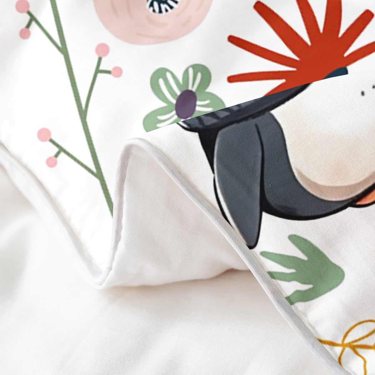 Süßer Pinguin 100% Bio-Baumwolle Bettbezug für Jungen Mädchen,Winter Wildlife Tröster Abdeckung,Cartoon Pinguin mit Schal Bettwäsche Set,Bunte Blumen Pilz Bettdecke 155x220