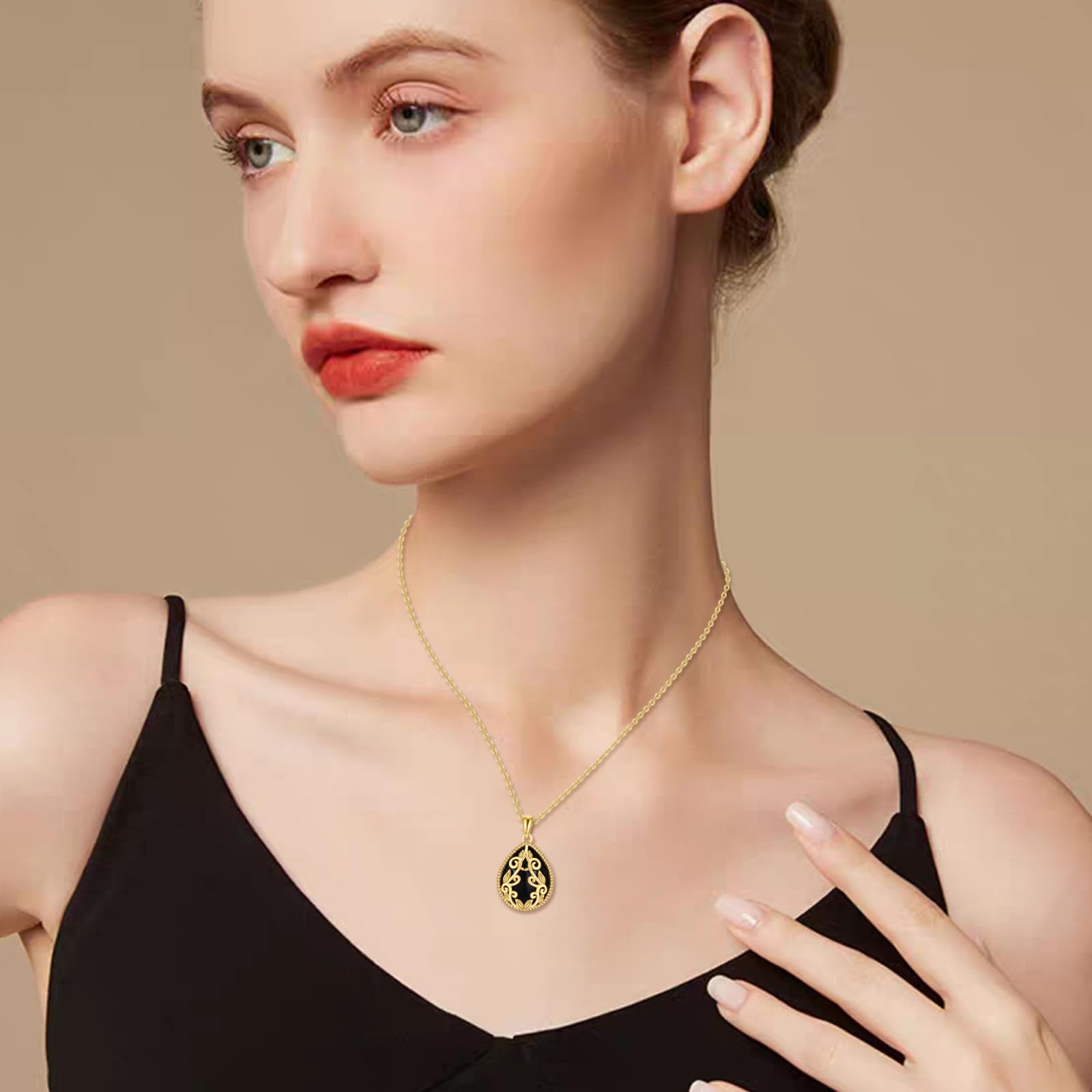 YAFEINI Schwarze Onyx Kette Sterling Silber Tropfen Anhänger Halskette 18 Karat Gelbgold Vergoldet Filigrane Boho Kette Halskette Schmuck Geschenke für Damen