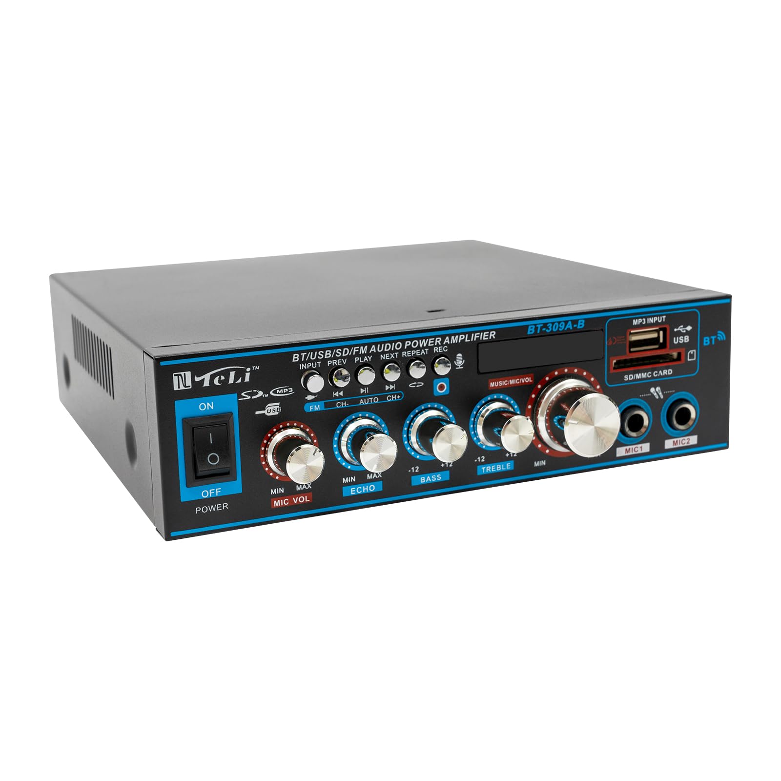 Wzmacniacz HiFi Bluetooth Stereo Radio Amplifier Mini HiFi FM odbiornik z pilotem zdalnego sterowania, pełny wzmacniacz, 2 kanały 400 W AC 220 V / DC 12 V, dwa przyłącza mikrofonowe CR2052,
