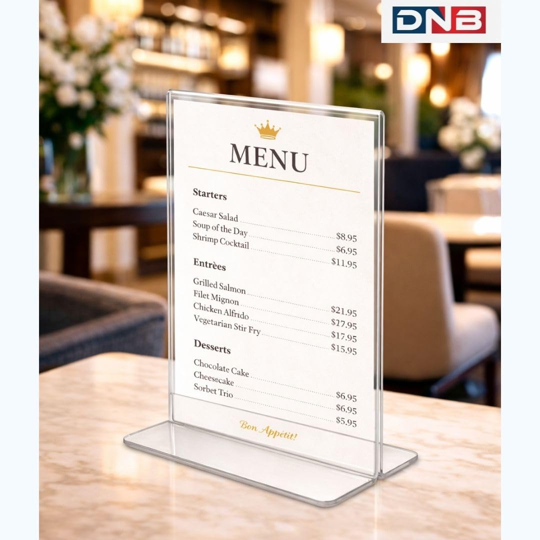 DNB ENTERPRISES T-Type Leaflet Holder | Clear Acrylic Picture & Brochure Display Stand (A4 Size), PACK OF 2 1