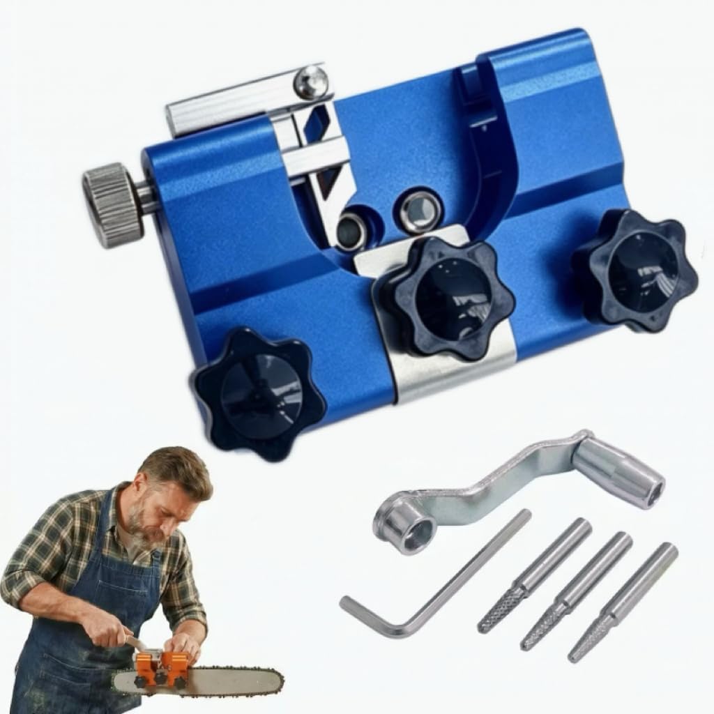Chainsaw Sharpener, Hand Crank Chain Saw Blade Sharpening Tool with 3 Emery Grinding Heads, Aluminum Alloy Multi-Knob Adjustment Chainsaw Grinder for Garden & Woodworking (Blue, Size L)