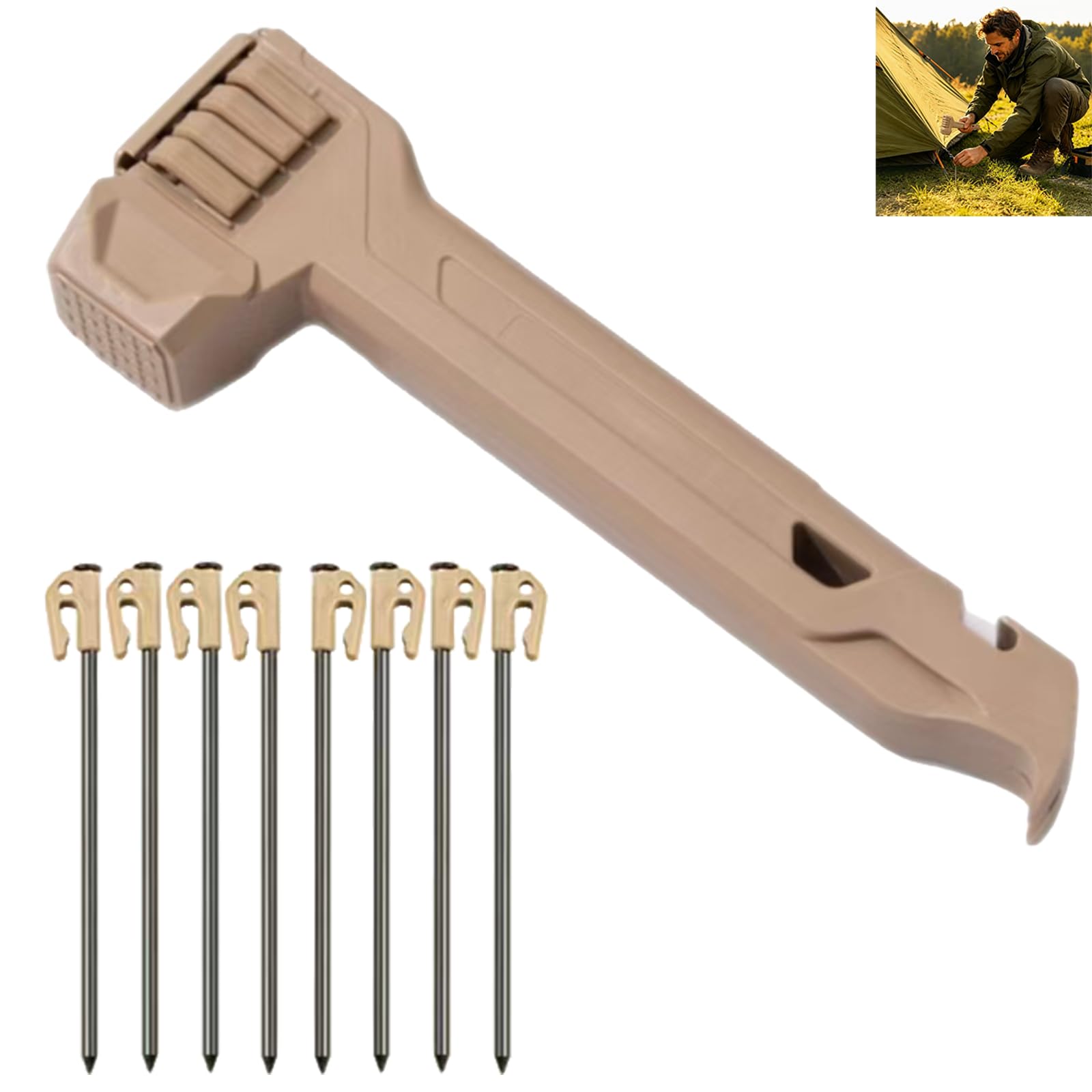 Multifunctional 2-in-1 Tent Stake Hammer Set with 8 Stakes, Built-in Storage & Stake Puller, Upgraded Outdoor Camping Mallet ，Quickly Set up and dismantle Tents (1PCS)