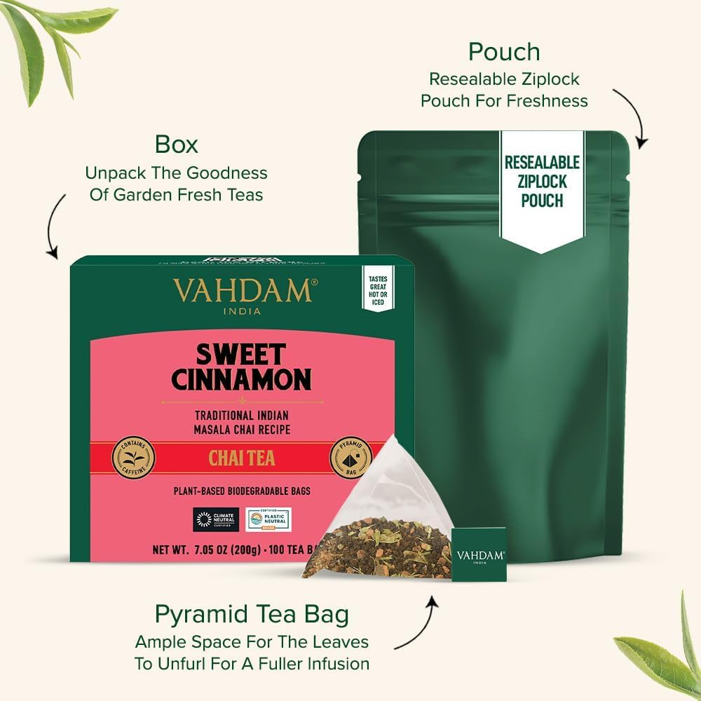 VAHDAM Té Chai de Canela Dulce | 100 Bolsitas Piramidales | Mezcla de Té Negro Assam con Canela y Cardamomo | Sabor Chai Especiado | Sellado al Vacío para Frescura