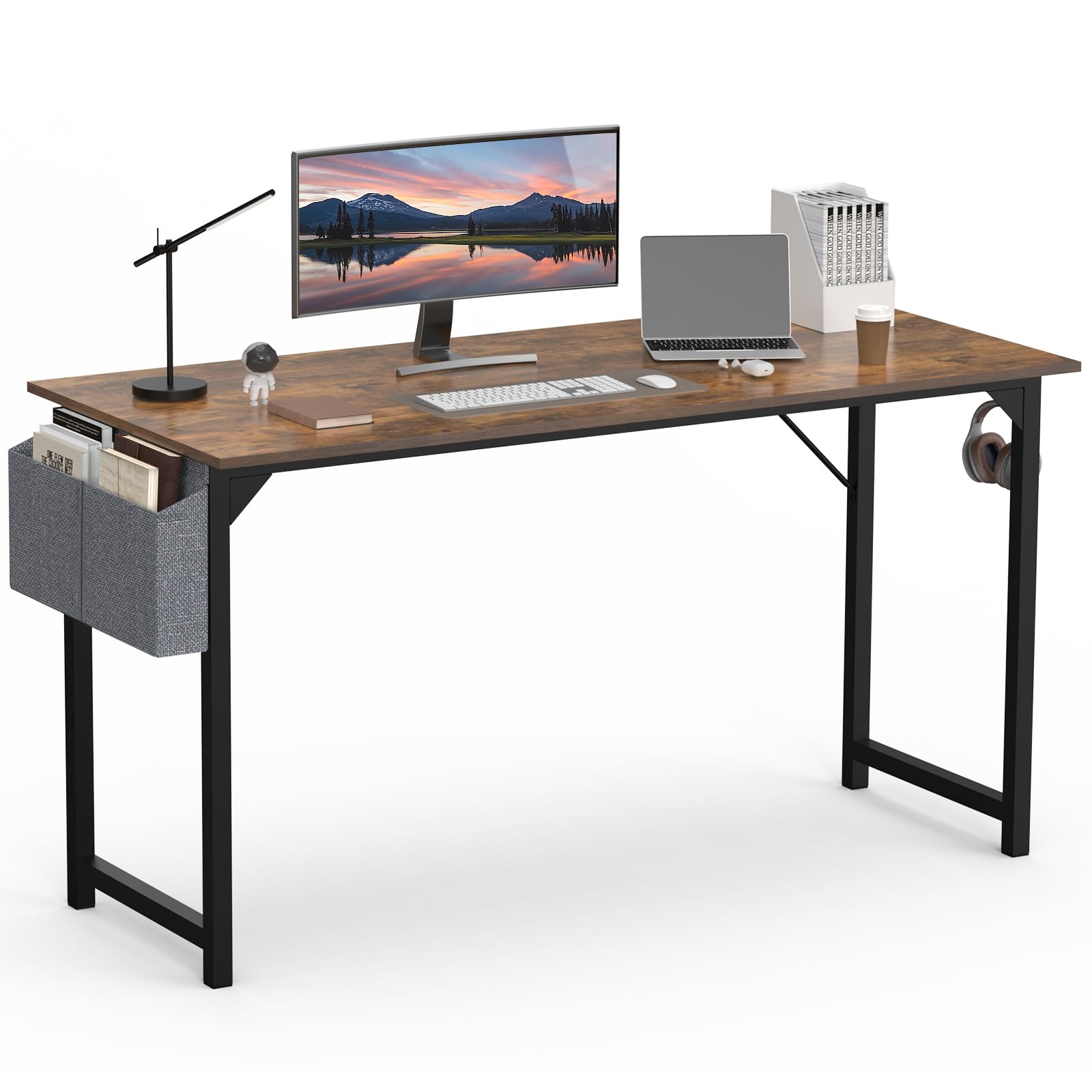 OLIXIS Computer Office Desk, 55 Inch Writing Work Study PC Wood Modern Desk with Storage Bag & Headphone Hook Simple Bedroom for 2 Person Kids Student Table, Rustic Brown