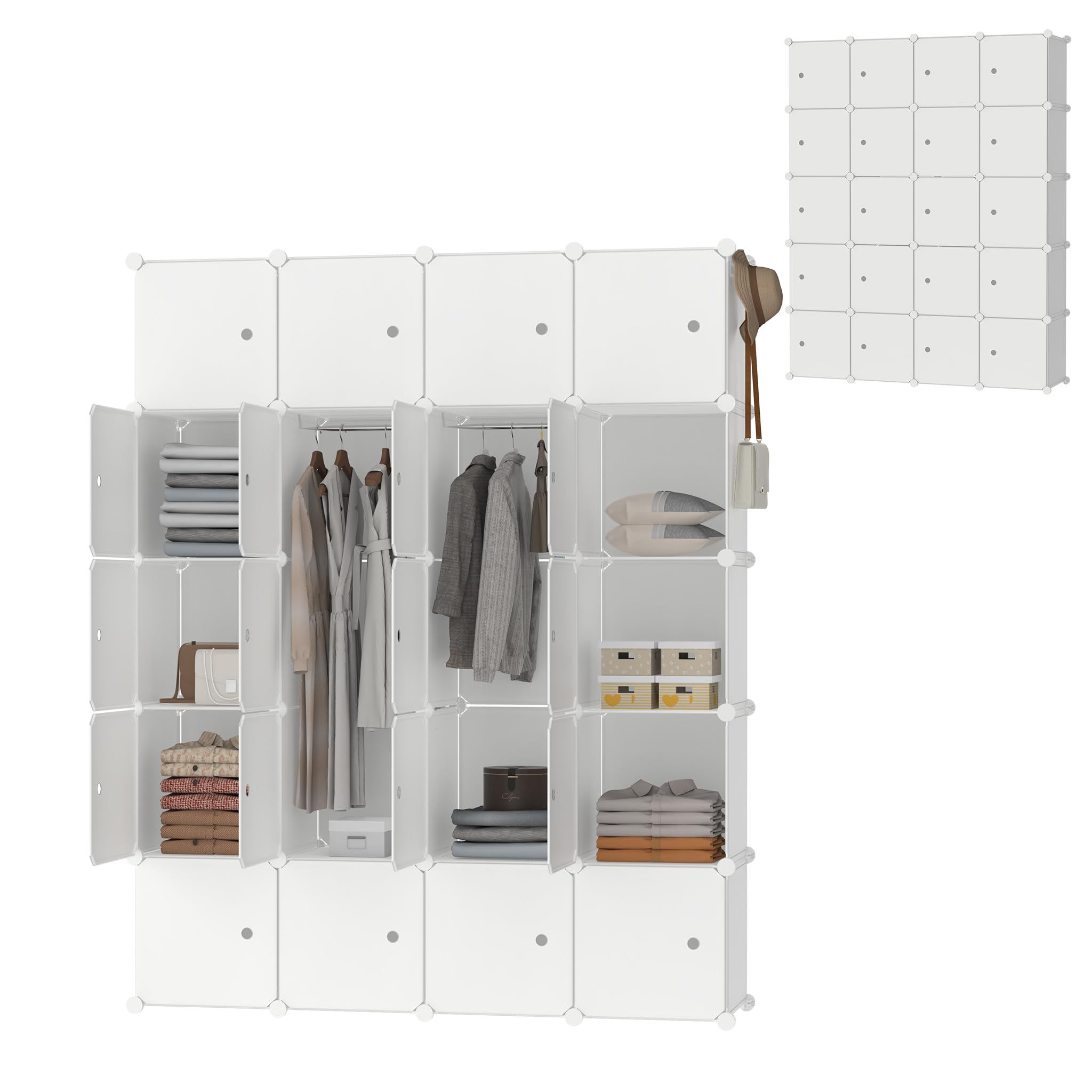 20 Boxen DIY Regalsystem Kleiderschrank Milchig mit Türen Steckregal Garderobenschrank aus Kunststoff PP Modular Aufbewahrung für Kleidung, Schuhe, Bücher, mit 2 Kleiderstange