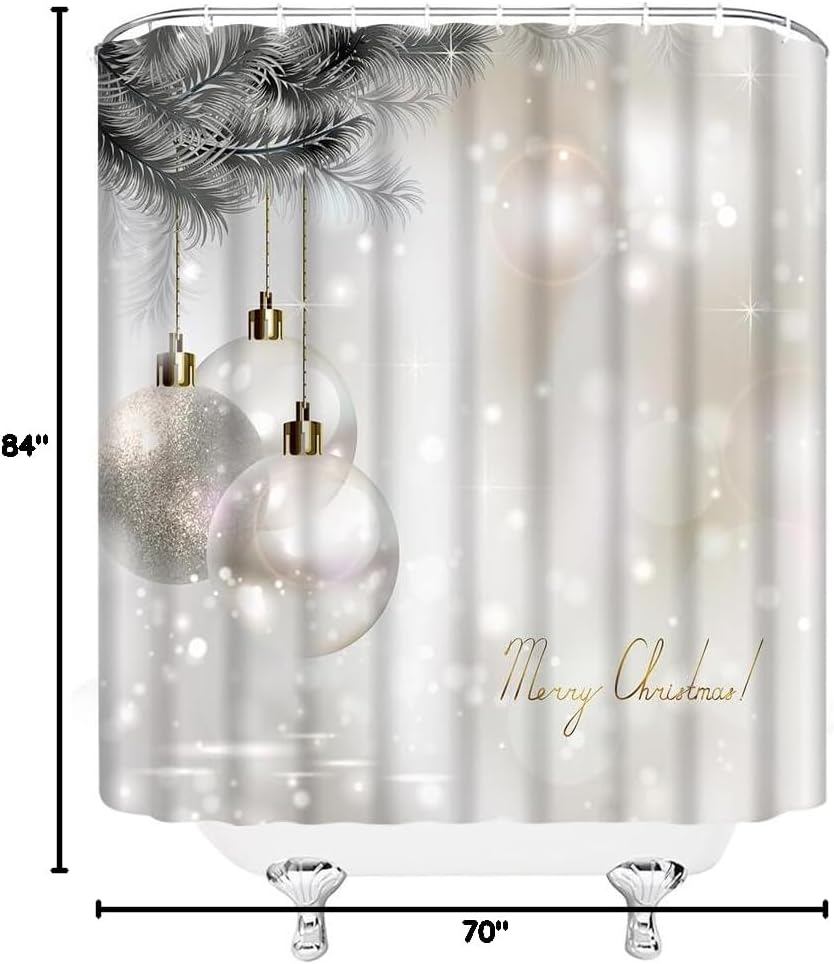 Christmas Ball Shower Curtain Golden Silver Gray Xmas Ball Twigs Snowflake Winter Holiday Fantasy Extra Long Bathroom Decor Curtain with Hooks,70" Wx84 H