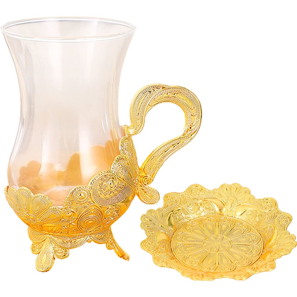Transparentes Kaffeebecher-Set mit Untertasse, europäischer Stil, Tasse und Untertasse, Teetasse aus Glas, ausgefallene Teetassen für Teeliebhaber, Teetassen für Frauen, 100 ml, goldfarbene