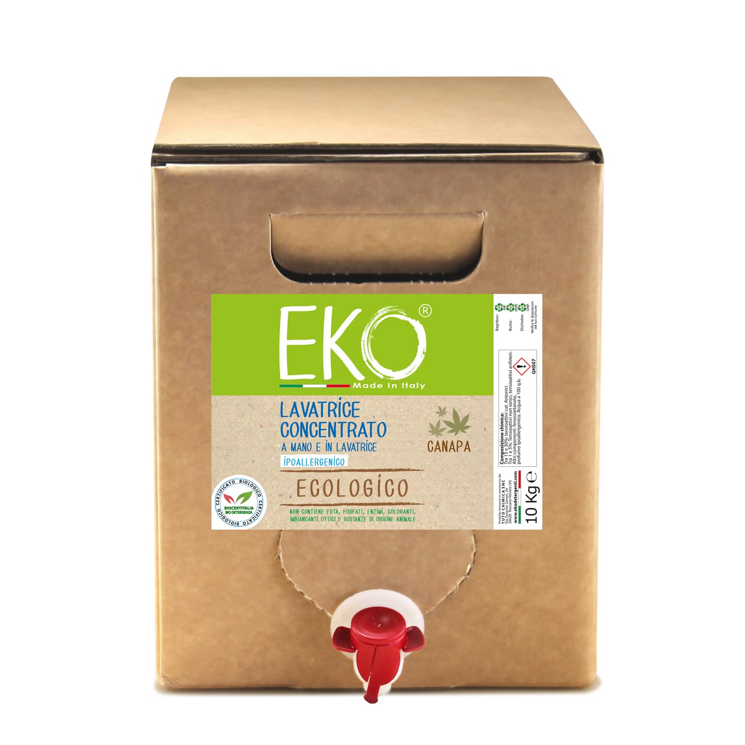 Eko Detersivo Lavatrice liquido alla Spina 10Kg, Profumo Canapa - Bag in Box - Ecologico Concentrato