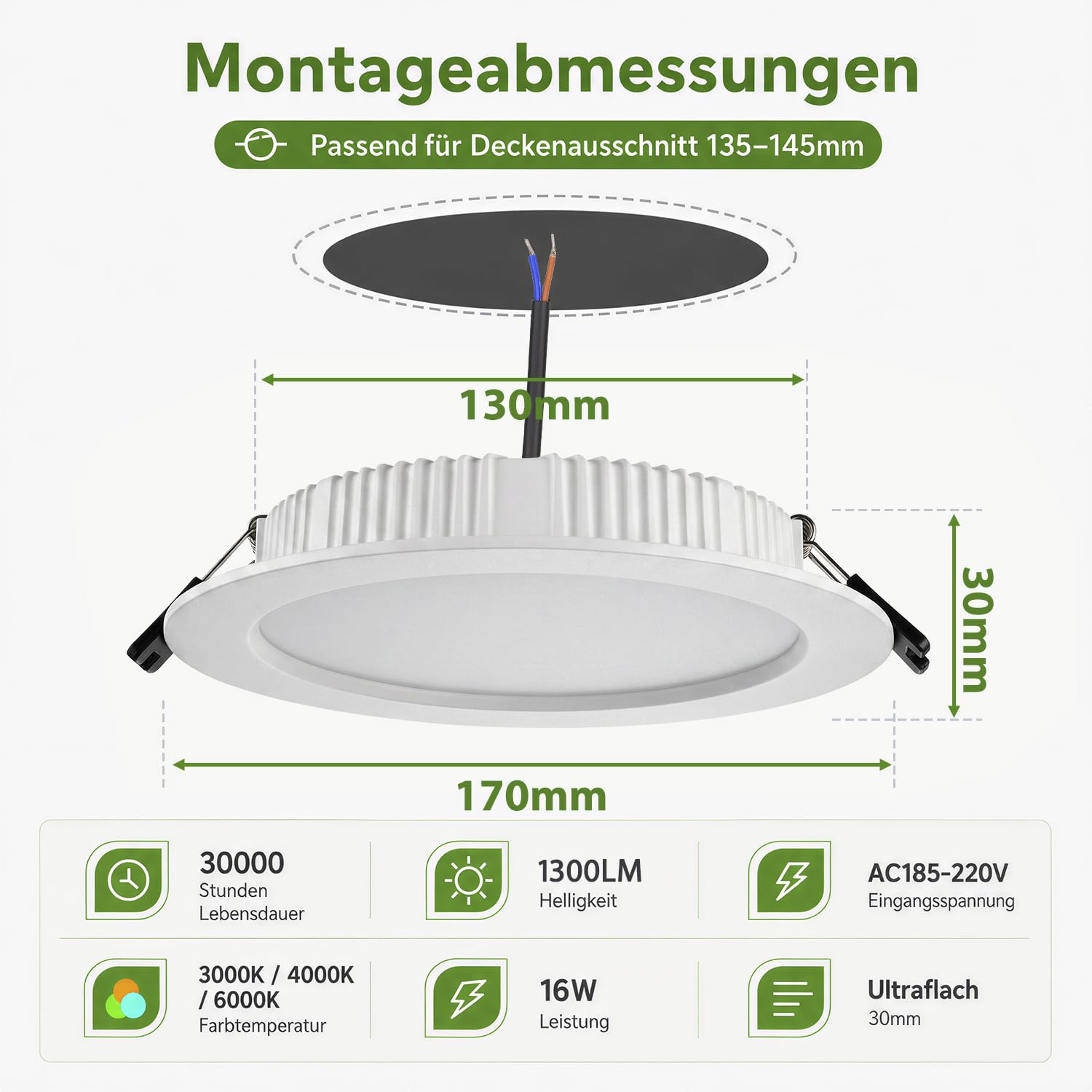 Faretti Led da Incasso per Cartongesso 16W, bianco caldo, bianco neutro, bianco freddo, con funzione di memoria, faretti da soffitto, diametro foro Ø130-140mm, AC 220-240V, Alluminio, Set da 4