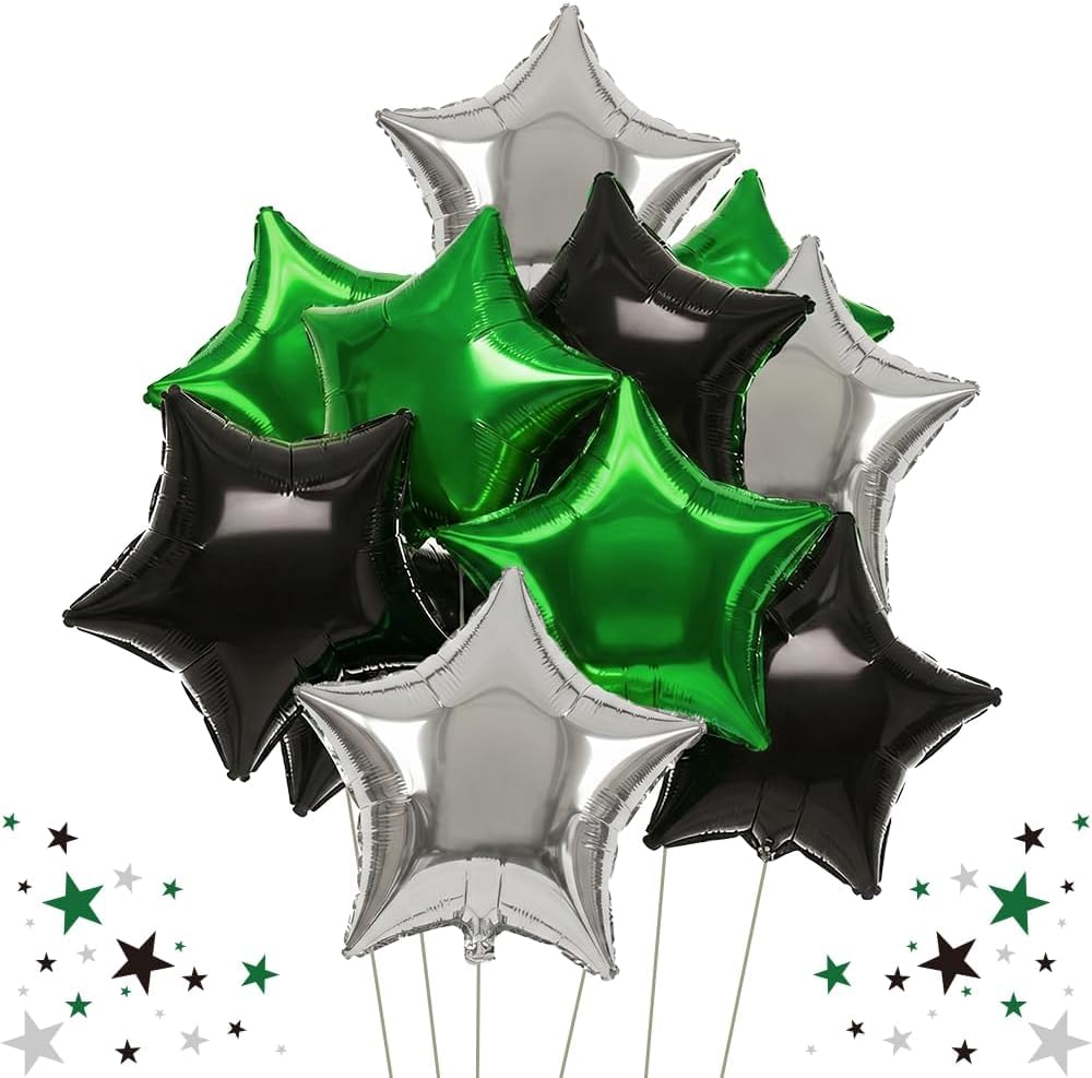 DecoGlee 15Pcs 18 Inch Large Black Silver Green Star Shape Foil Balloons Big Stars Helium Mylar Ballons for Birthday Wedding Bridal Shower Anniversary Engagement Party Decorations Supplies