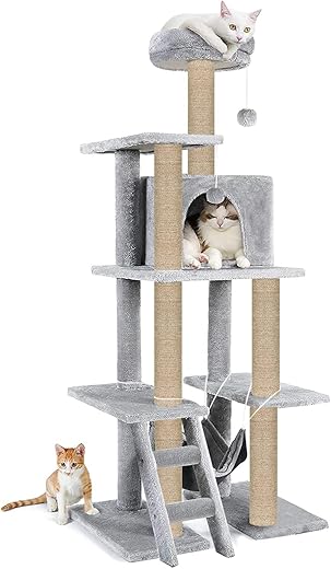 Mellifluous Stairs Fur Fabric Multistory Kitten Cat Tree - Condo | Hammock | Top Perch | Furry Balls | Scratching Posts (Grey) (Height 60 Inch)