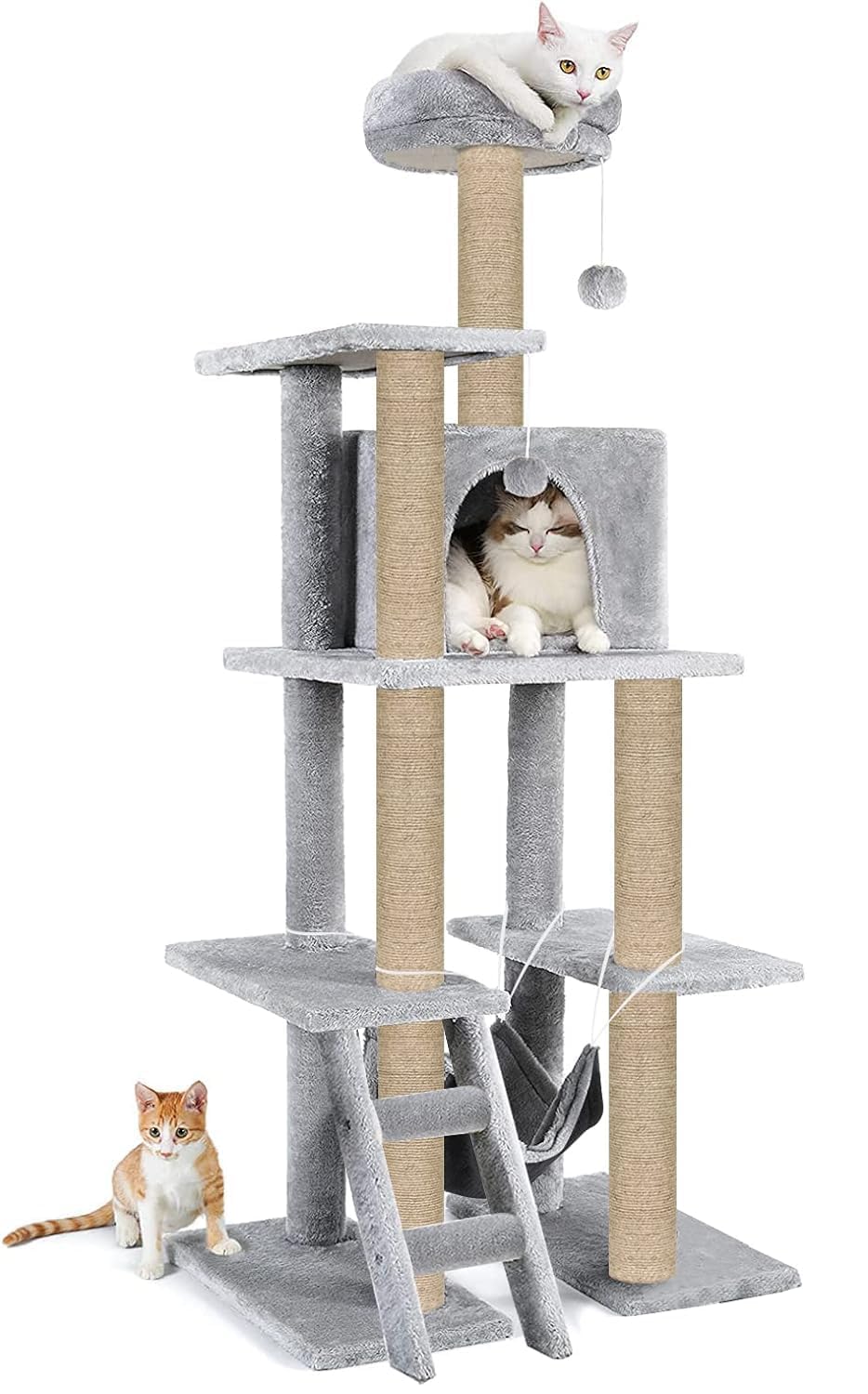 Purrway Multi-Storey Fur Fabric Kitten Cat Tree - Stairs | Hammock | Condo | Top Perch | Furry Balls | Scratching Posts (Height 60 Inch) (Grey - FURR-57) (B0D17CJM5P) Amazon Price History, Amazon Price Tracker