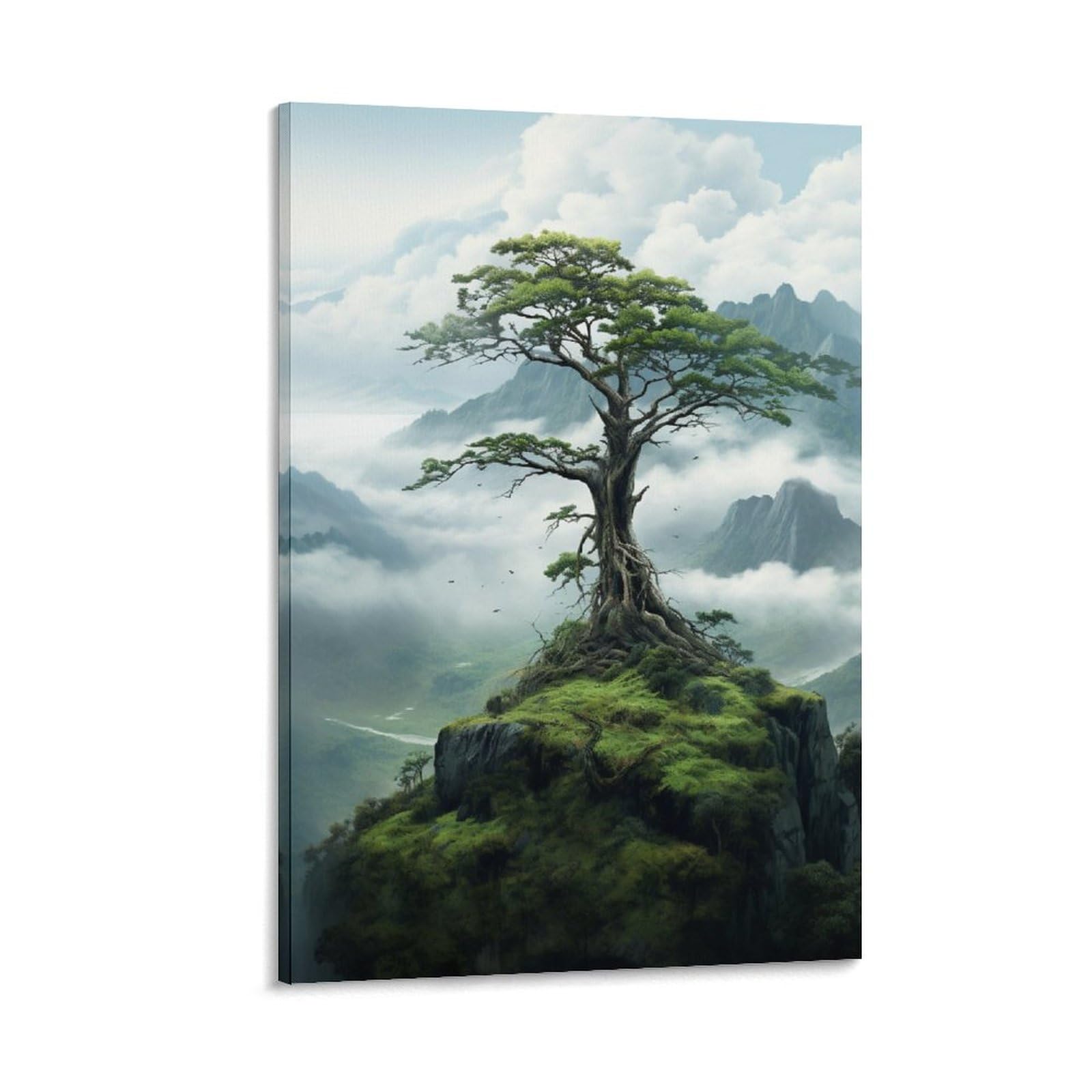 AYAROS Hilltop Tree Canvas Wall Art for Bedroom Green Spring Mists Natural Vintage Scenery Wall Decor Poster for Room Aesthetic Framed 16x24 inch