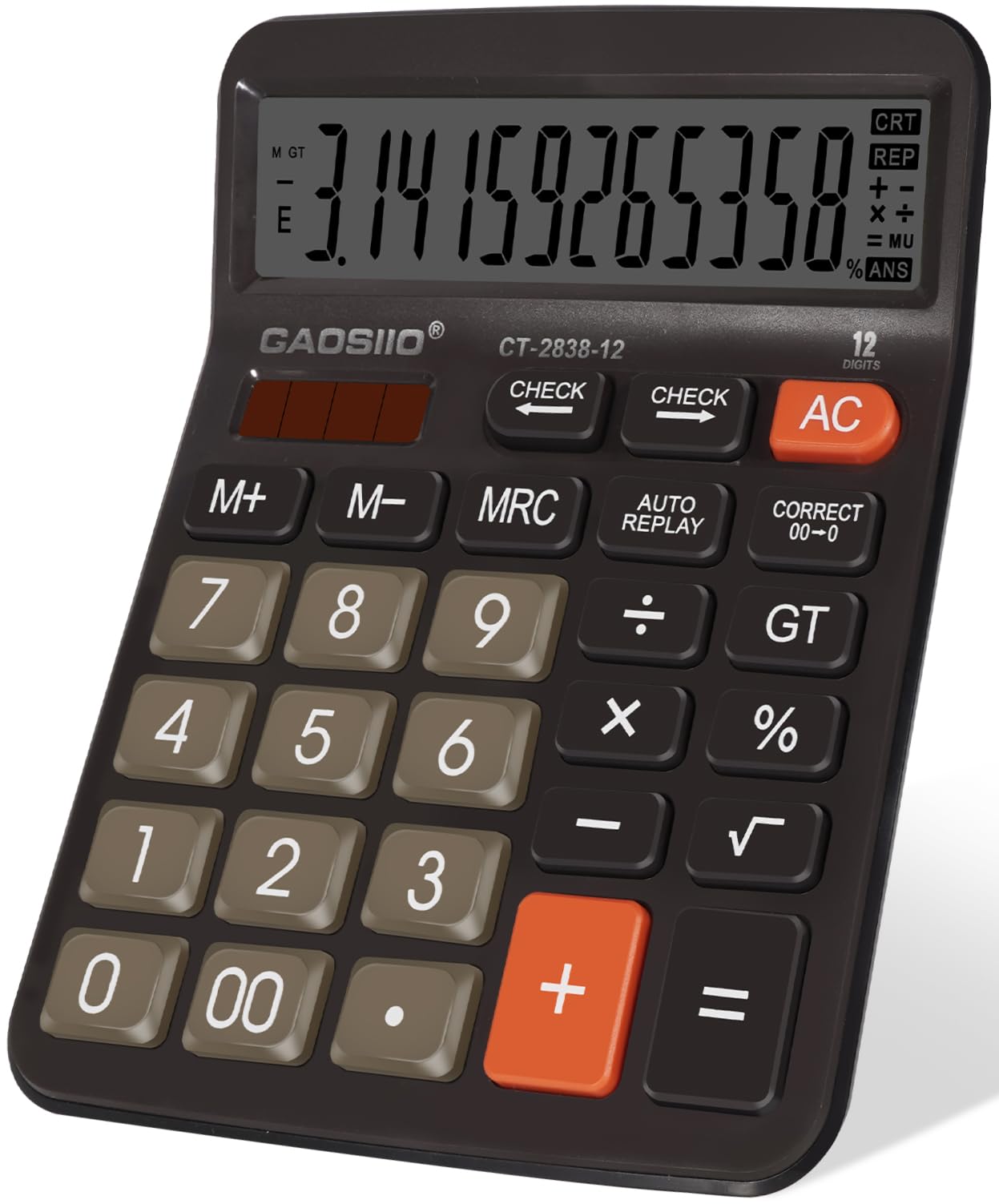 Calculadora de escritorio extra grande de 5 pulgadas, pantalla LCD de 12 dígitos, energía solar y batería, botón grande, función estándar para negocios, oficina, escuela (negro)