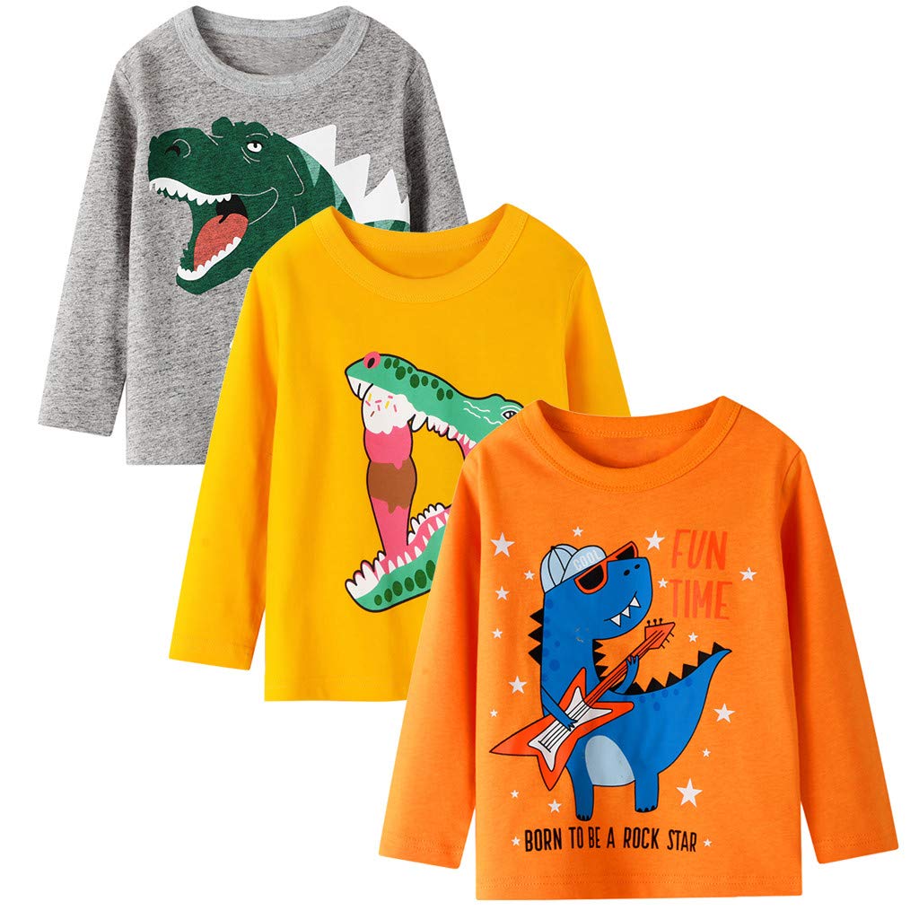 Jshuang 3pcs 1-7T Kids Boys Long Sleeve Shirt Tops-Cartoon Cars, Dinosaur Print& Comfortable Cotton Fabric