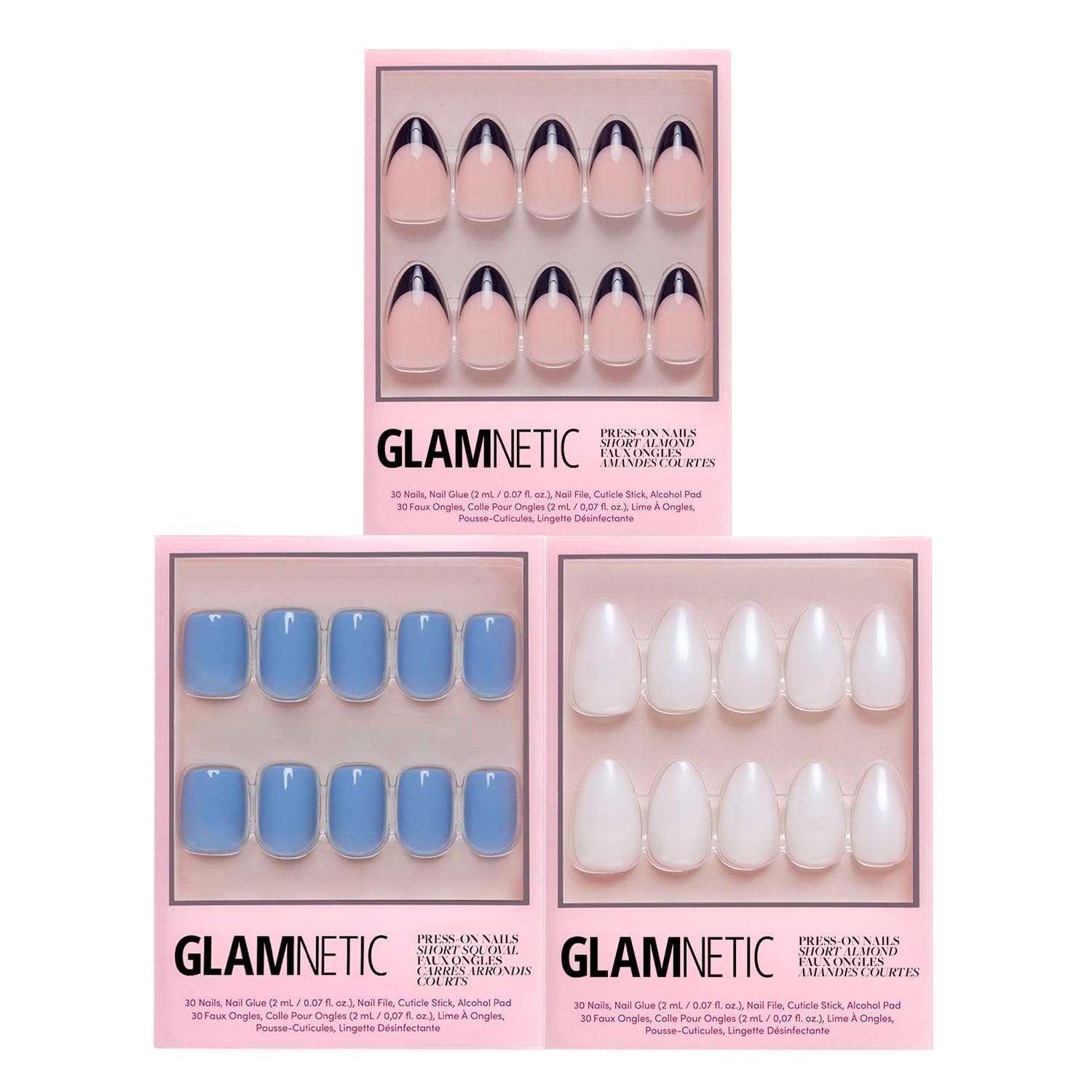 Glamnetic Press-On Nails Bundle - Cashmere Blue, Hailey & Caviar | Opaque Soft Blue Squoval False Nails | Glazed Almond Fake Nails | Almond Black French Tips