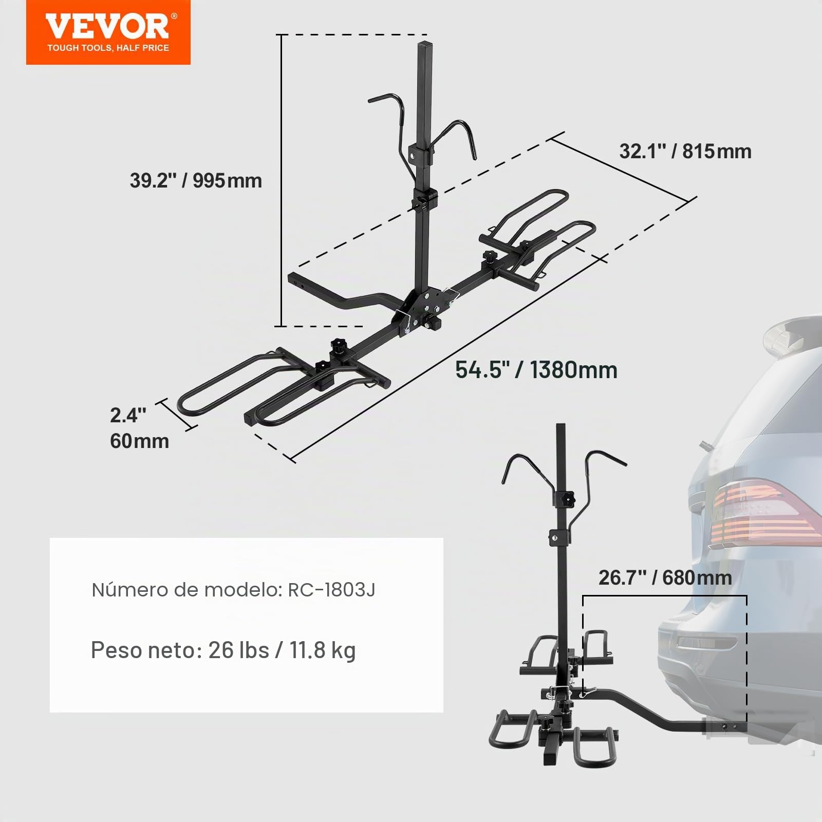 VEVOR Portabicicletas para 2 Bicicletas Portaequipajes con Enganche Capacidad de Carga Máxima de 36 kg Compatible con Receptores de 30/51 mm para Coches SUV Autocaravana Camión Viajes Desplazamientos