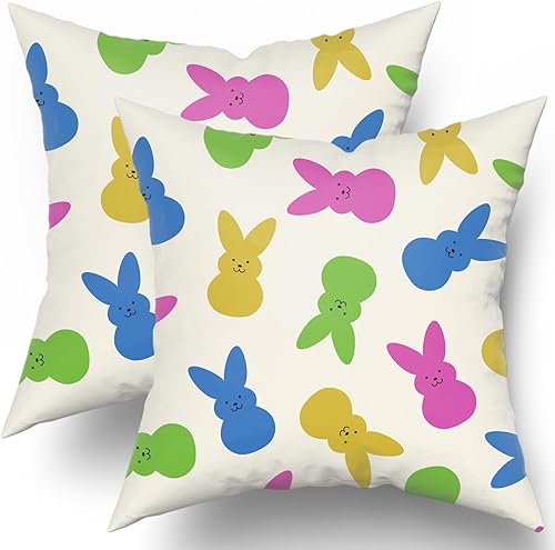 Juego de 2 fundas de almohada de Pascua de 18 x 18 pulgadas, color rosa intenso, verde, azul, amarillo, conejo, conejo, decoración de primavera,