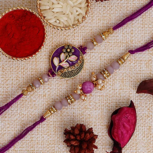 Image of eCraftIndia Set of 2 Designer Rakhis for Brother with Lord Ganesha Showpiece, Best Bro Ever Fridge Magnet & Roli Chawal Pack | Purple Designer Rakhi | Raksha Bandhan Gift