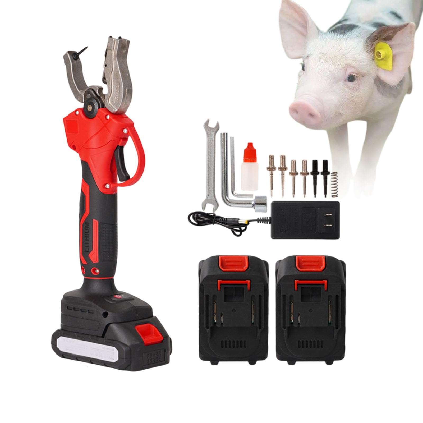 Buhelyc Eléctrico Alicates Etiquetas Orejas Aplicador Universal Ganado Herramienta Perforadora para Ovejas Cerdos Vacas(Color:Rojo + Negro)