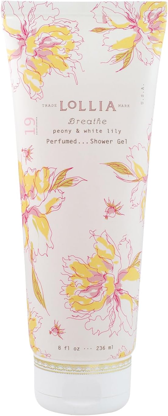 LOLLIA Breathe Shower Gel, 8 fl oz, Peony & White Lily, Luxury Shea Moisture Hydrating Women's Body Wash, Delicate & Relaxing Scented Bath Soap for Self Care