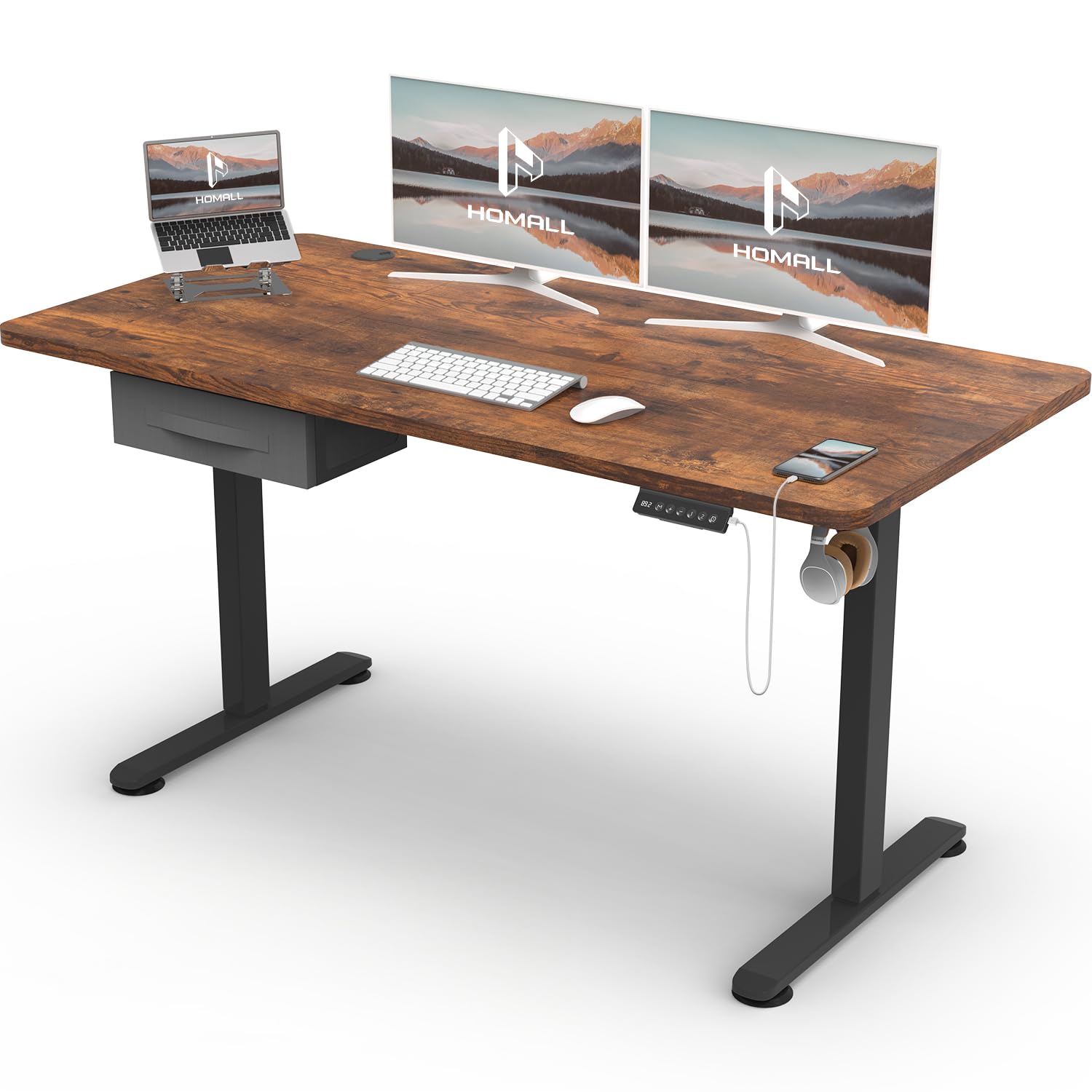 Homall Electric Height Adjustable Desk, Adjustable Height Office Desk with USB Ports, 140x60cm, Home Office with Splice Board, Rustic Brown
