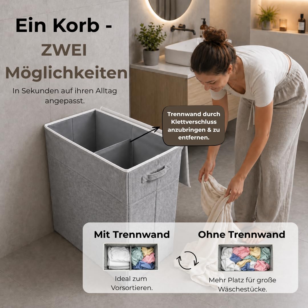 TALIDA Wäschekorb Cord – mit abnehmbaren Deckel | platzsparend & praktisch | faltbarer Wäschesammler | Pfandflaschen Sammelbehälter | Schlafzimmer, Kinderzimmer & Badezimmer (Hellgrau, 120L)