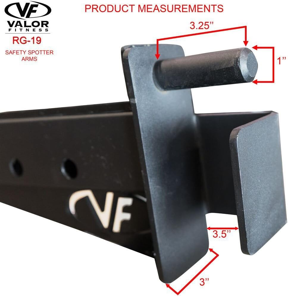 Valor Fitness Safety Spotter Arms for 3"x 3" Power and Squat Racks Adjustable - Barbell Catch System with Rubber Protection and 1" Band Peg Holes on The Side - Power Rack System Accessories