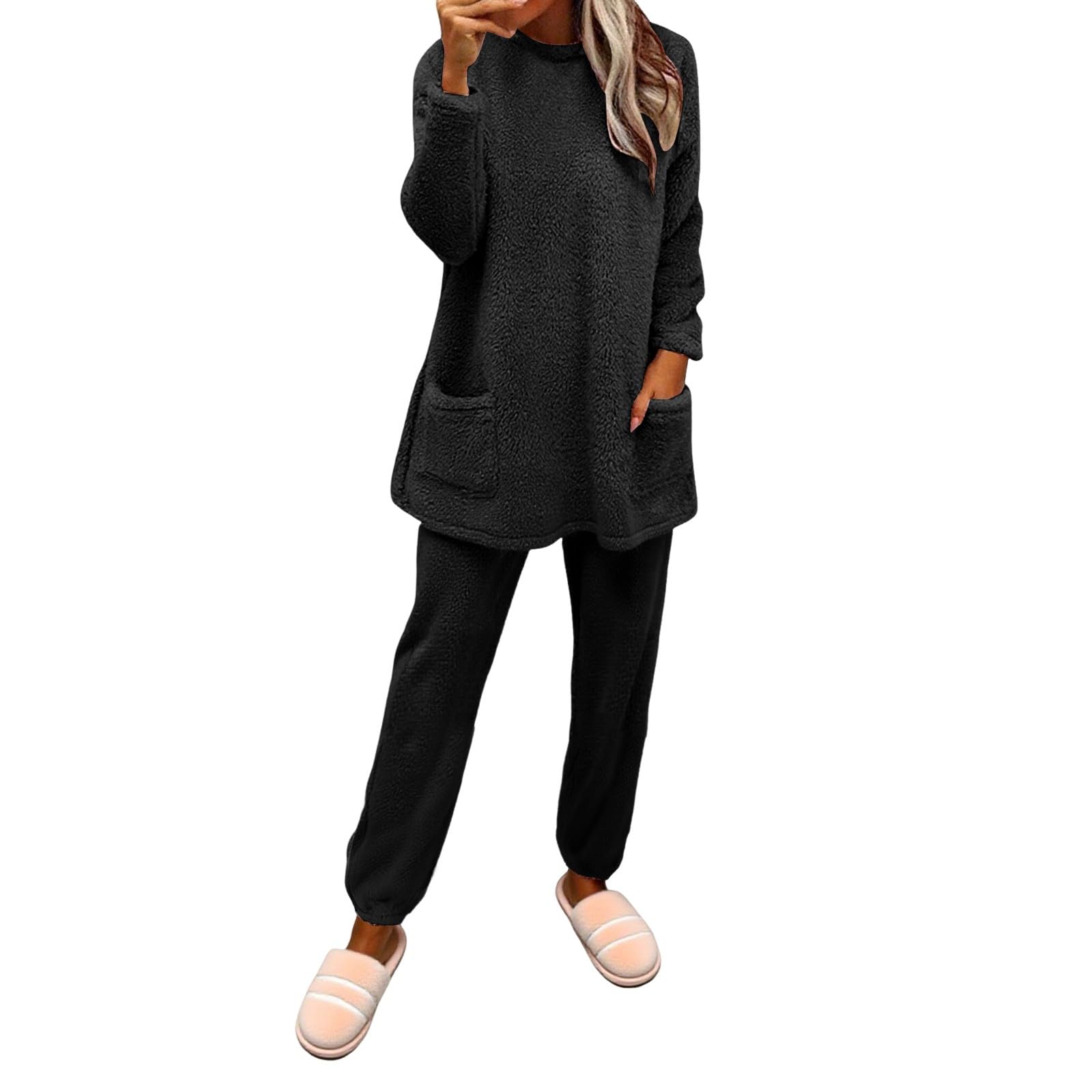 Da Donna A Maniche Lunghe con Pullover, Autunno E Inverno, in Morbido Pile Doppio, Rilievo Comodo Abbigliamento Casa per Le Notti Fredde Pigiami Famiglia Coordinati (Black, S) Pigiama