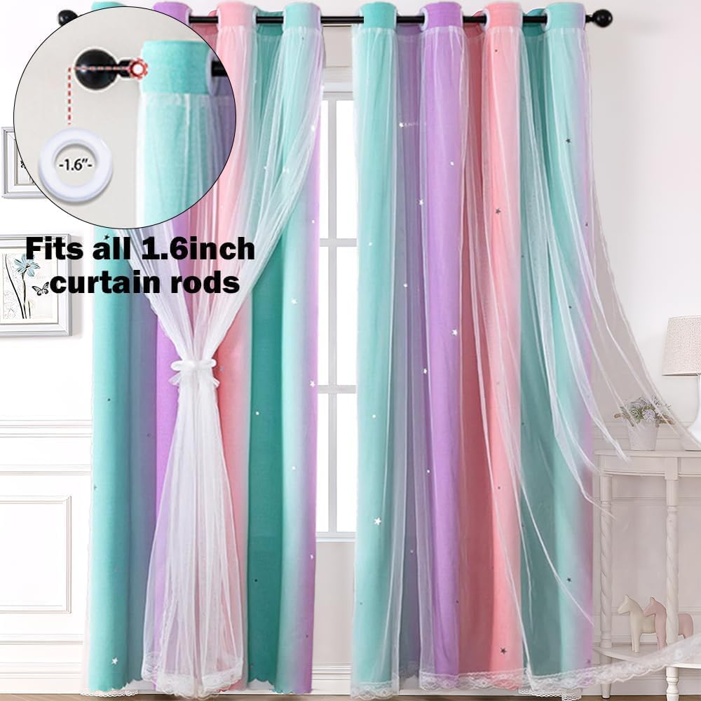 Accmuzzy 2 Panels Blackout Curtains for Bedroom,Double Layer Kids Curtain,Star Window Colorful Rainbow Curtain,Girl children Eyelet Curtains for Bedroom,Living Room,Nursery Room (Grey&Pink - Image 4