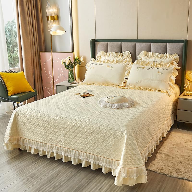 Quilted Lace Ruffle Bedspread Brushed Microfiber Coverlet Queen Size Bed Spread for All Seasons, Light Yellow
