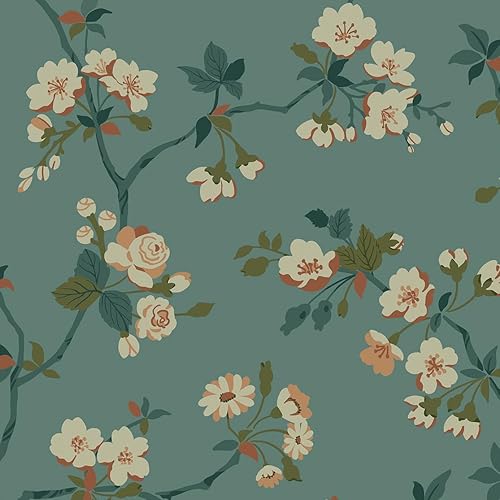 Timeet Papel tapiz floral para despegar y pegar, estilo bohemio, azul, melocotón, verde, retro, decoración de pared, dormitorio, sala de estar,