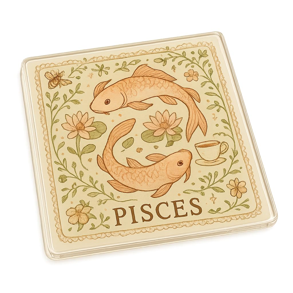 The Plum Penguin Pisces Cottagecore Acrylic Coaster Gift - Cottagecore Zodiac Pisces Design With Koi Fish And Water Lilies - Unique Home Decor Present