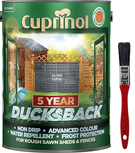 New 2018 Cuprinol Ducksback Shed & Fence Paint 5 Litre Silver Copse. Non Drip Water Repellent and Frost Defence. Protection for 5 Years. Includes PSP Touch up Brush.