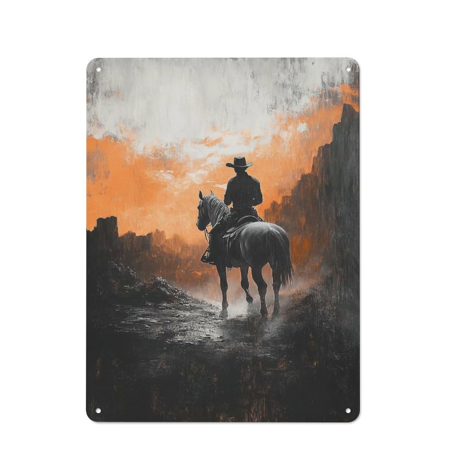 Junmoney Style-2 Rustic Metal Sign 40X30cm Featuring Lone Cowboy At Sunset For Hallway Wall, A Decorative Gift For A Newly Furnished Hallway