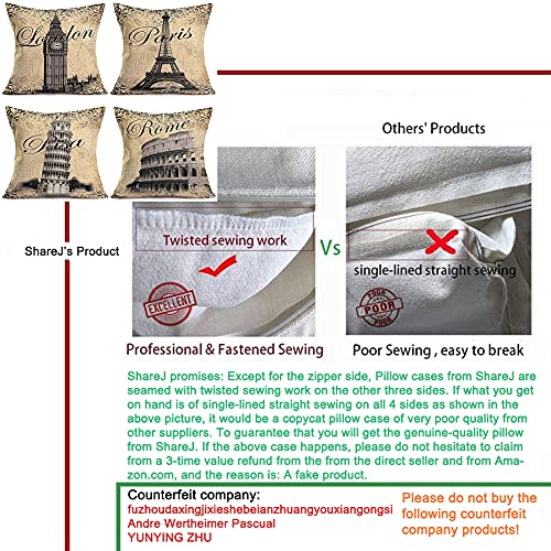 Sharej World Famous Building Cotton Linen 4 Pack Cushion Cover London Paris Pisa Rome Vintage Pattern Square Decor Pillow Shams For Home Sofa Decorative Throw Pillow Case 18" X 18" (Building) #TOP6