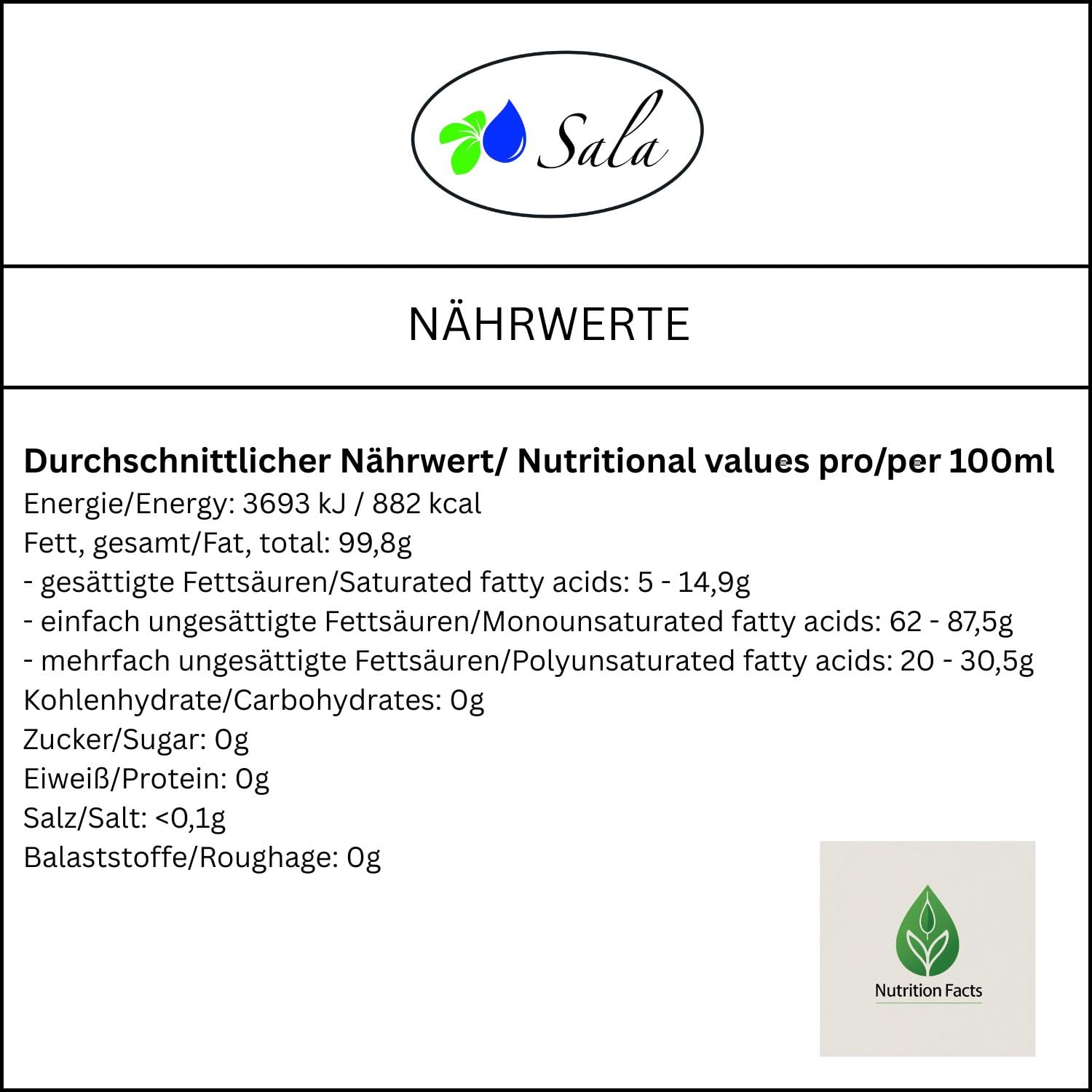 Sala Olio di mandorle spremuto a freddo biologico 1000 ml (bottiglia di vetro da 1 litro)