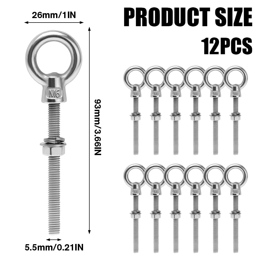 12 Pezzi Golfari Bullone a Occhiello M6 Bullone per Sollevamento in Acciaio Inox 304 Bullone ad Anello Vite a Occhiello Inox per Fissaggio e Sospensione, con Controdadi e Rondelle (M6 X 60 mm)