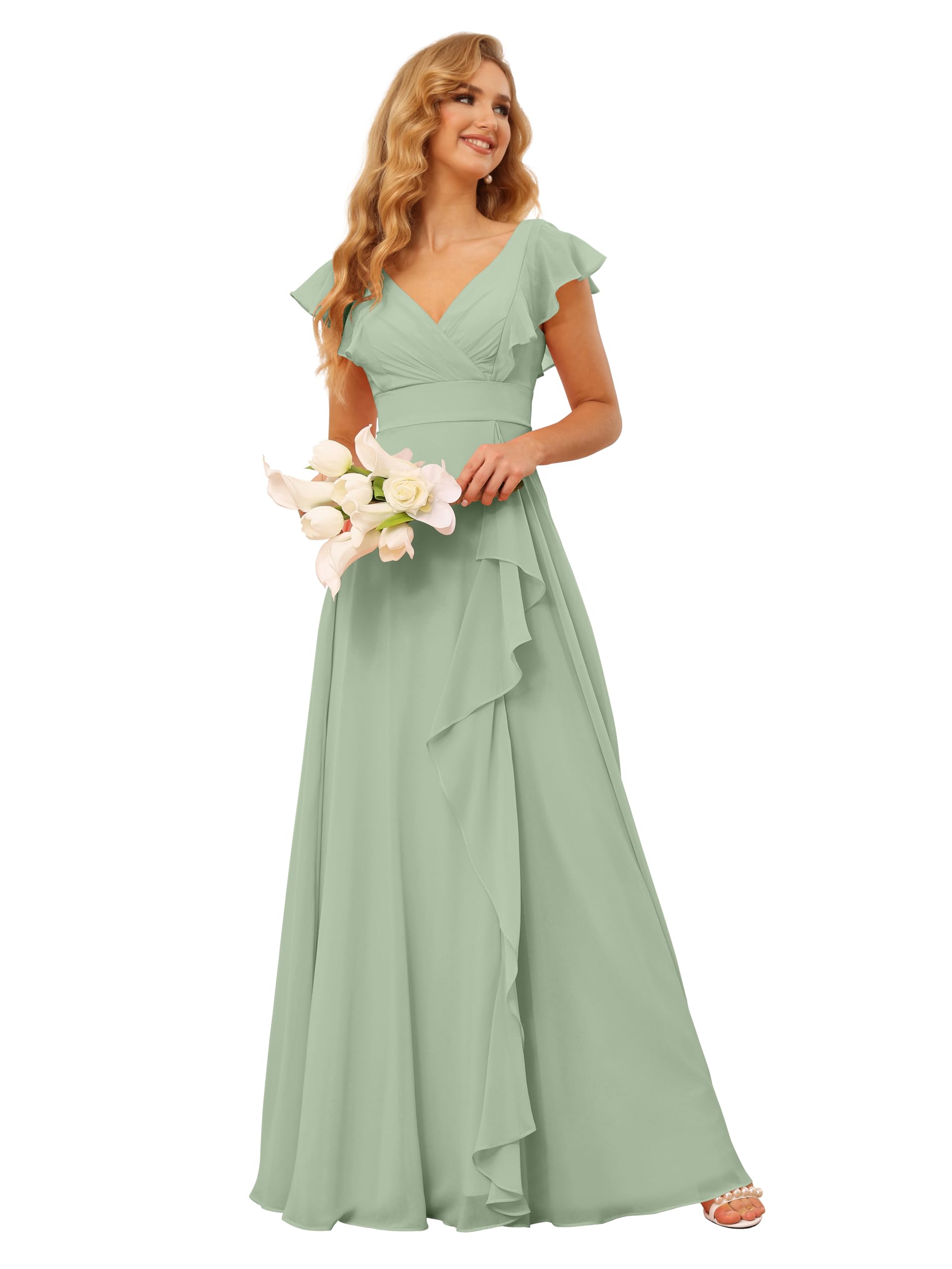 Chiffon Ruffled Bridesmaid Dresses Long for Women V Neck Short Sleeve Formal Dress with Slit WS001
