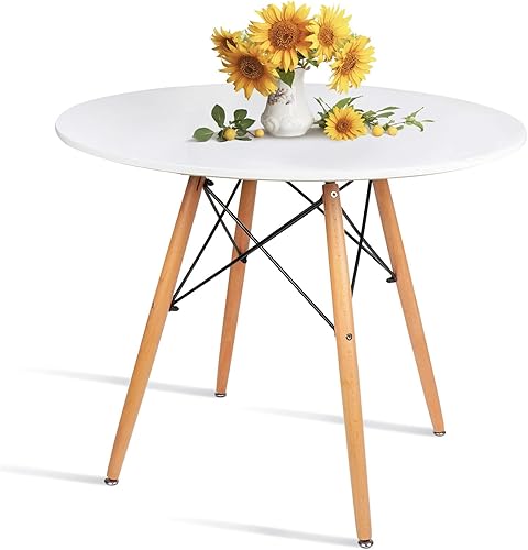 Miniatura 7 de Mesa de comedor redonda de cristal, mesa de cocina pequeña, moderna mesa de comedor circular de 32 pulgadas con patas de madera para cena, espacios